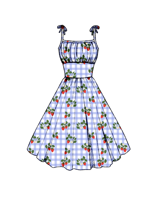 RTS - S - Kelly Dress Strawberries on Light Blue Gingham