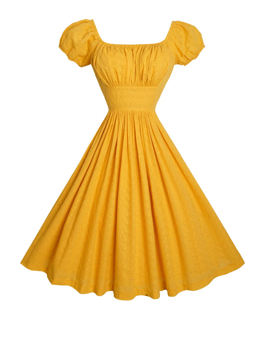 MTO - Loretta Dress in "Forget Me Not" Mustard Eyelet