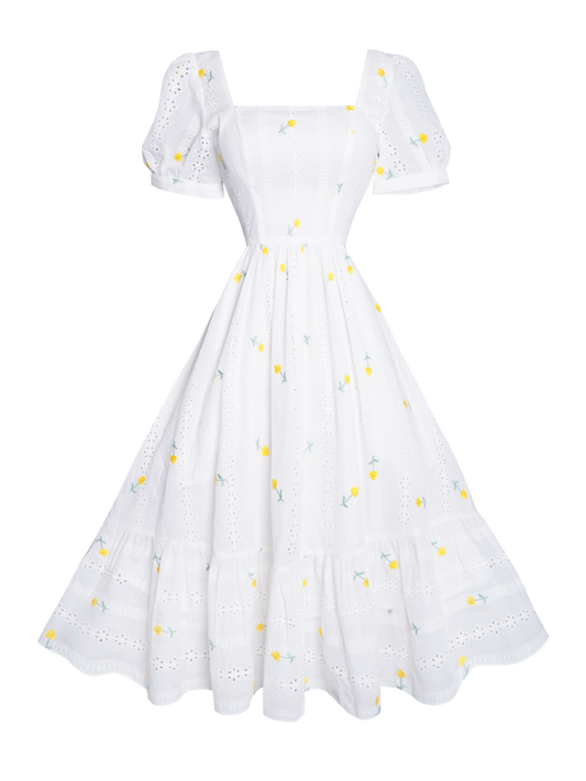 MTO - Isadora Dress "Cottage Lane" Yellow Floral Eyelet
