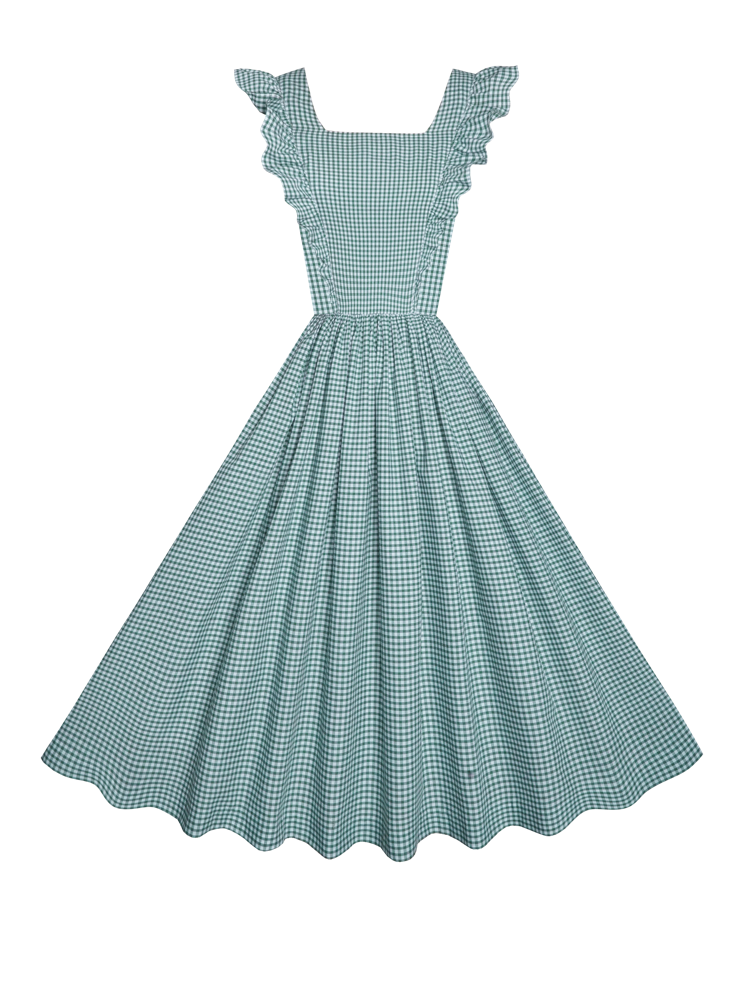 Lorraine Ruffle Pinafore Dress | Square Neck Dress, Low V Back with Pockets Outer Stitch Lorraine Ruffle Pinafore Dress | Square Neck Dress, Low V Back with Pockets Outer Stitch
