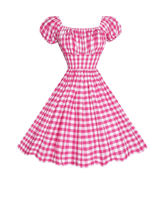 MTO - Loretta Dress Barbie Pink Gingham - Large Checks
