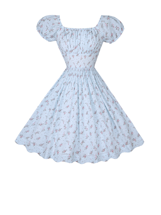 MTO - Loretta Dress "Ditsy Floral" Blue Dotted Swiss