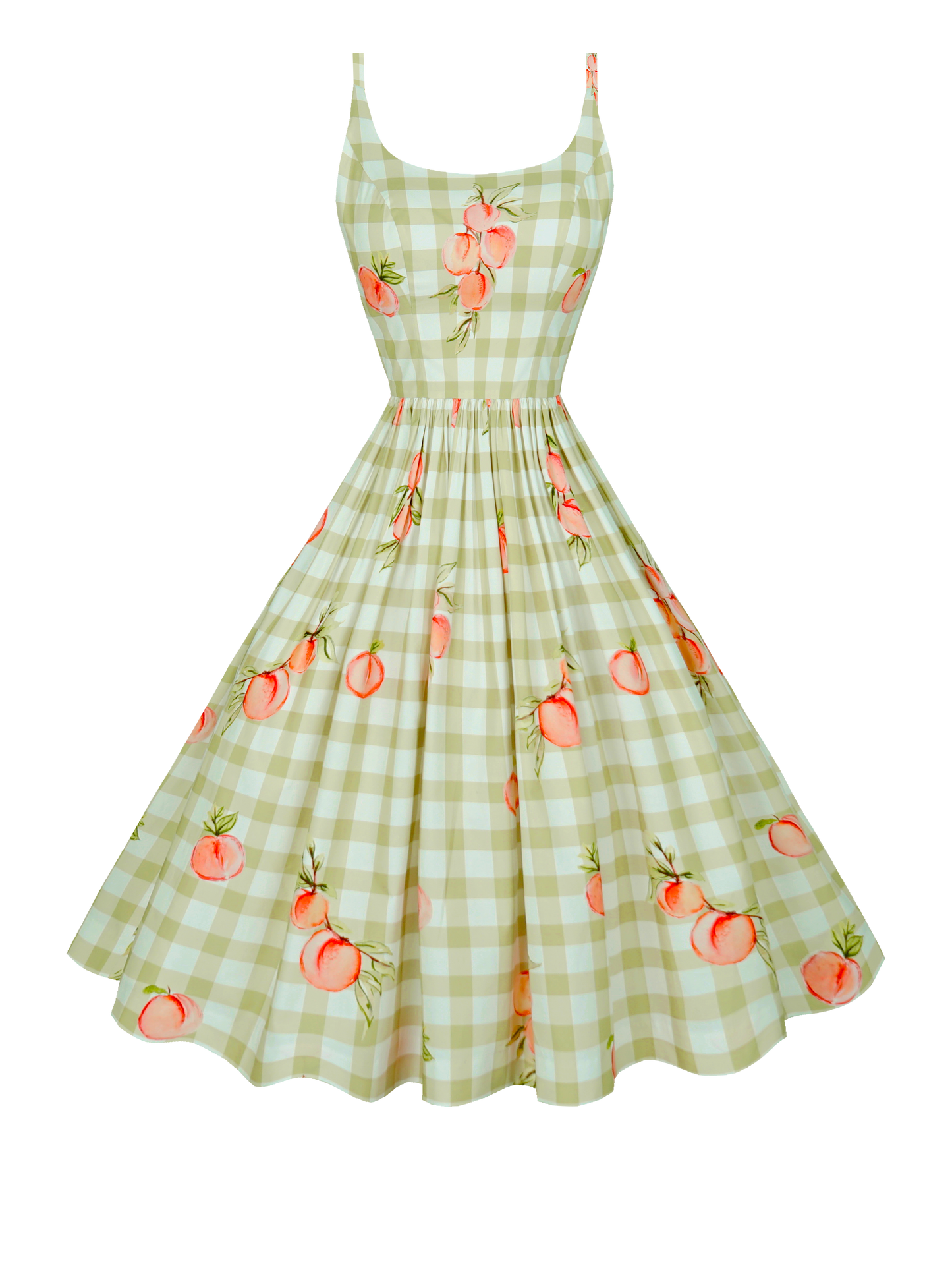 RTS - S - Penelope Dress Peaches on Olive Green Gingham