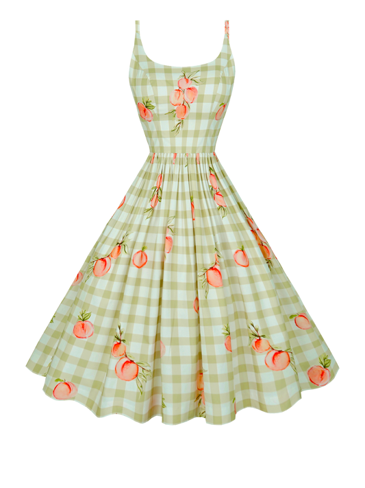 RTS - S - Penelope Dress Peaches on Olive Green Gingham