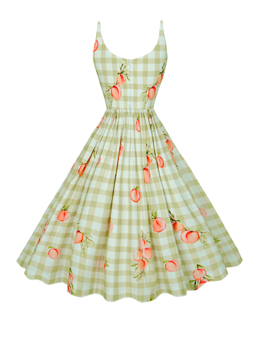 RTS - S - Penelope Dress Peaches on Olive Green Gingham