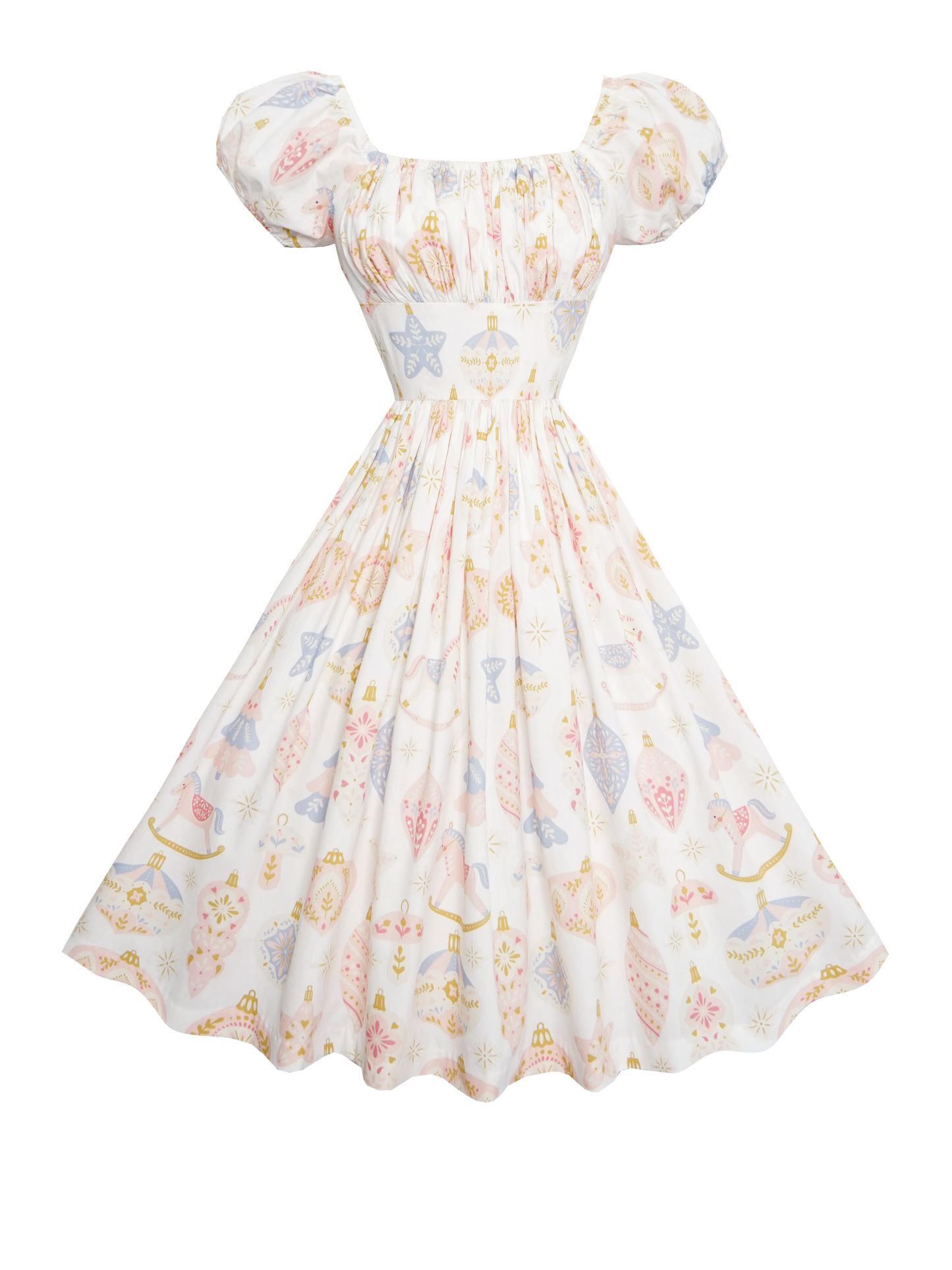 RTS - S - Loretta Dress "Christmas Ornaments on Blush"