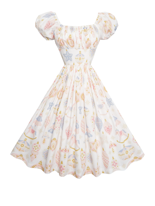 RTS - S - Loretta Dress "Christmas Ornaments on Blush"