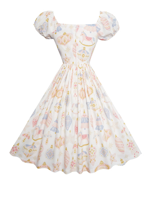 RTS - S - Loretta Dress "Christmas Ornaments on Blush"