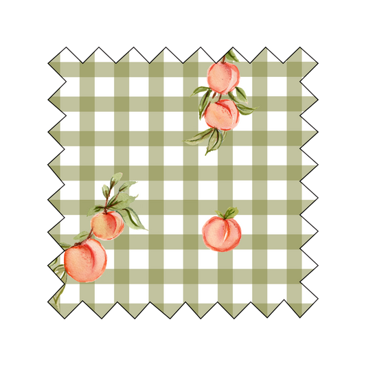 Fabric Peaches on Olive Green Gingham - By the Yard