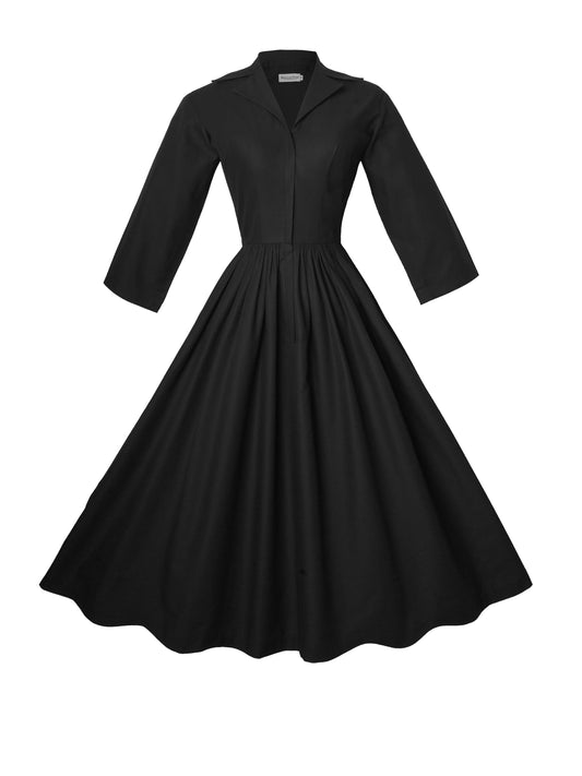 RTS - Size S - Natalie Dress in Raven Black Cotton - Knee Length