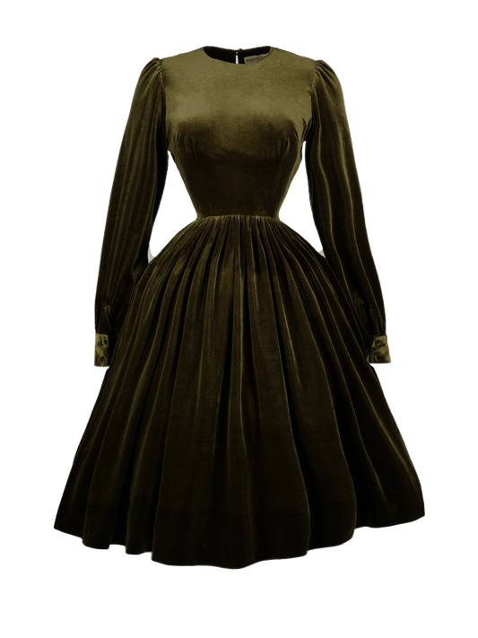 MTO - Agnes Dress in Olive Green Velvet