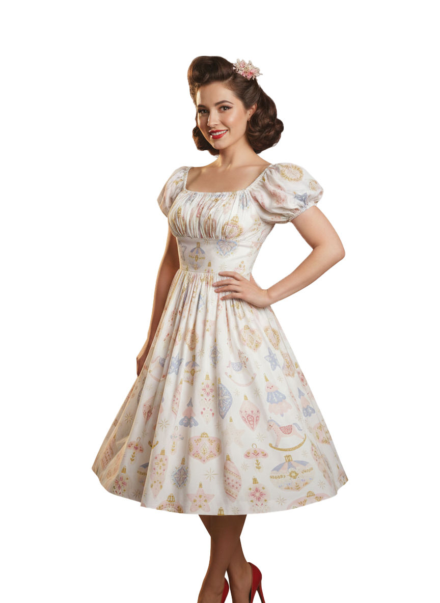 MTO - Loretta Dress "Christmas Ornaments on Blush"