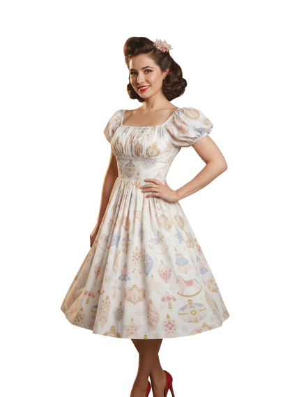 MTO - Loretta Dress "Christmas Ornaments on Blush"