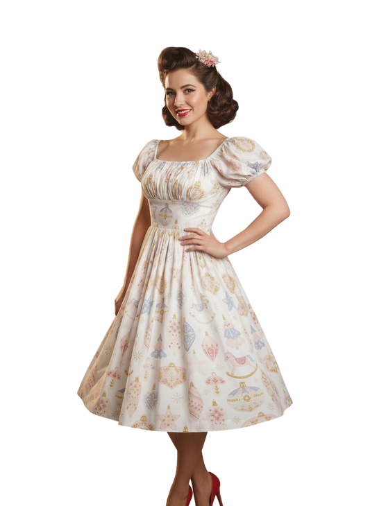 MTO - Loretta Dress "Christmas Ornaments on Blush"