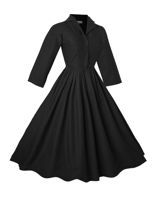 RTS - Size S - Natalie Dress in Raven Black Cotton - Knee Length