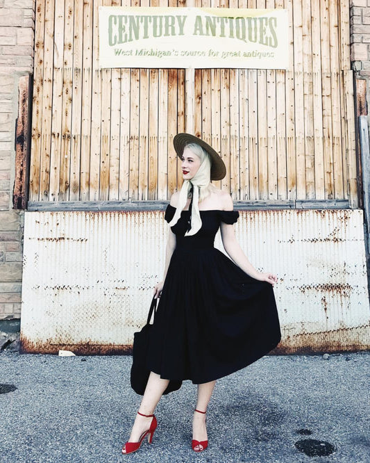 RTS - Loretta Dress in Raven Black Cotton - Midi Length